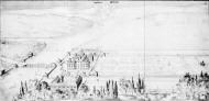 Vy i fågelperspektiv över slott och trädgård