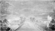 Blick över bron mot herrgården. Natteffekt.