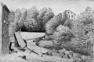Herrgården och en dammbyggnad med flottränna