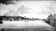 Vy över Gäsjön med stranden och huvudbyggnaden