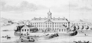 Slottsbyggnad med järnstaket